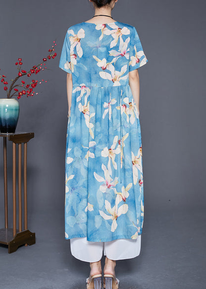 Blue Print Exra Large Hem Linen Vacation Dresses Summer