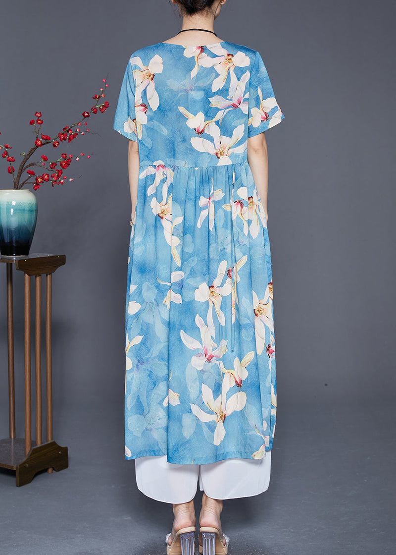 Blue Print Exra Large Hem Linen Vacation Dresses Summer
