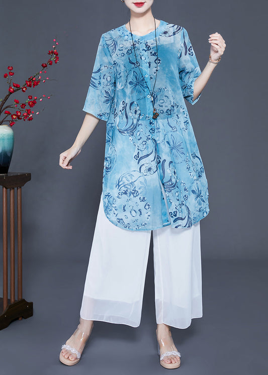 Blue Print Oversized Side Open Long Shirts and Pants Two-piece Set Summer