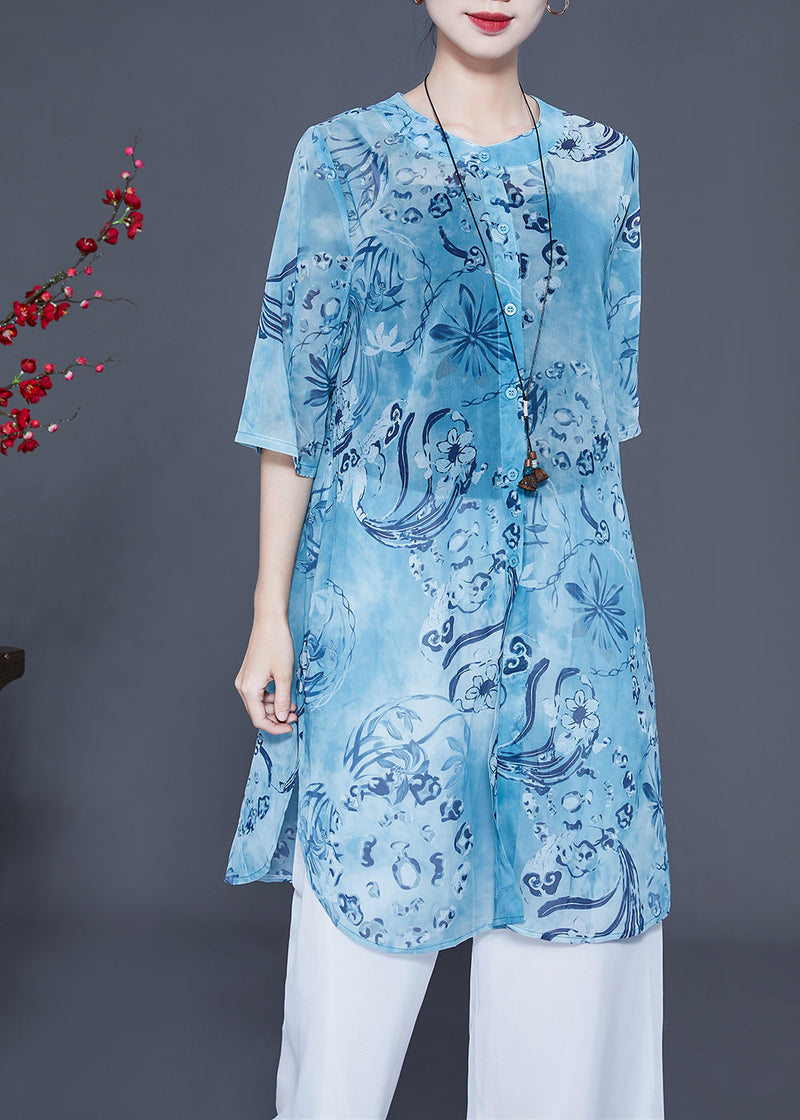 Blue Print Oversized Side Open Long Shirts and Pants Two-piece Set Summer