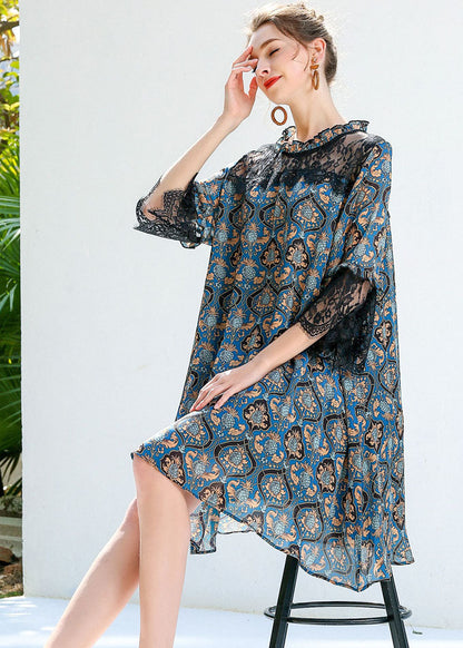 Blue Print Ruffled Lace Patchwork Hollow Out Chiffon Dresses Summer