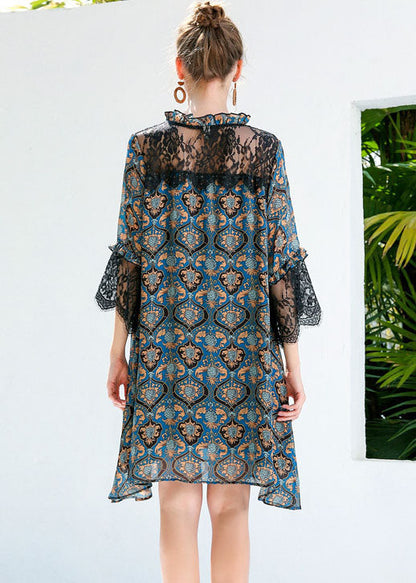 Blue Print Ruffled Lace Patchwork Hollow Out Chiffon Dresses Summer