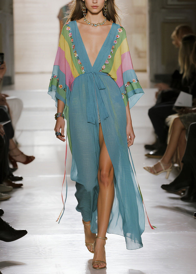 Blue Print Side Open Chiffon Long Dress Summer