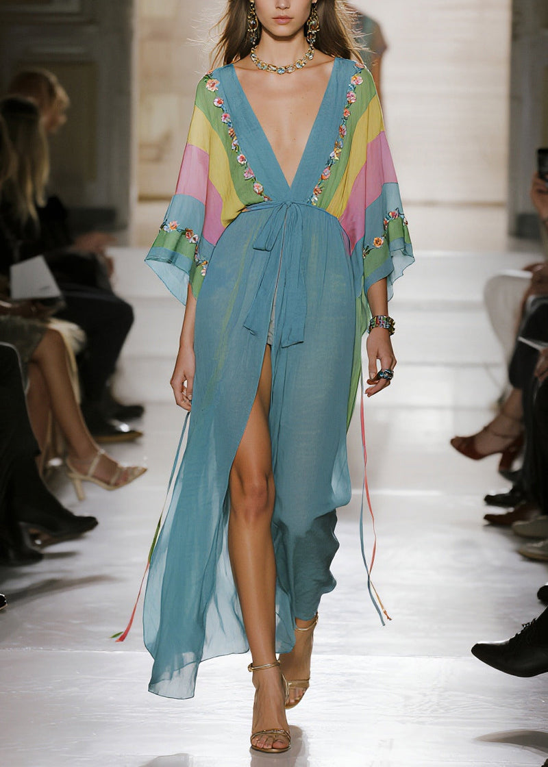 Blue Print Side Open Chiffon Long Dress Summer
