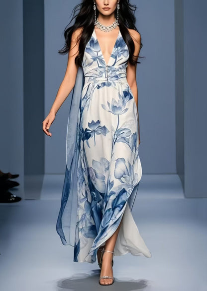 Blue Print Side Open Chiffon Sundresses Sleeveless