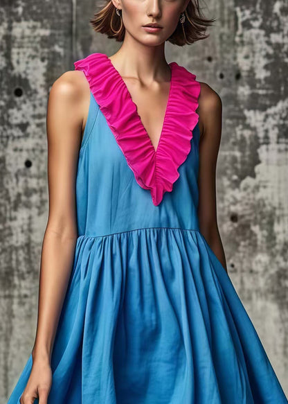 Blue Ruffled Patchwork Cotton Mid Dress Summer