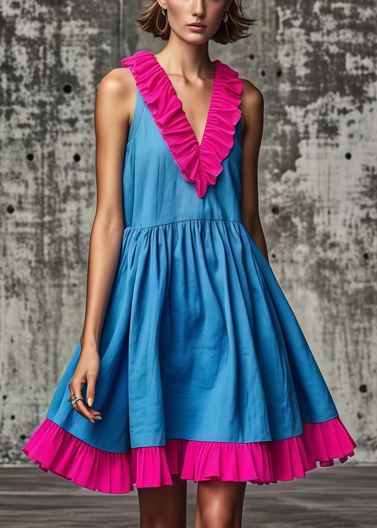 Blue Ruffled Patchwork Cotton Mid Dress Summer