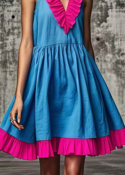 Blue Ruffled Patchwork Cotton Mid Dress Summer