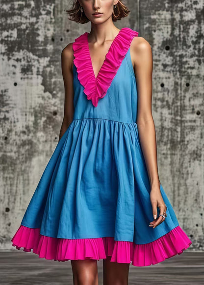 Blue Ruffled Patchwork Cotton Mid Dress Summer