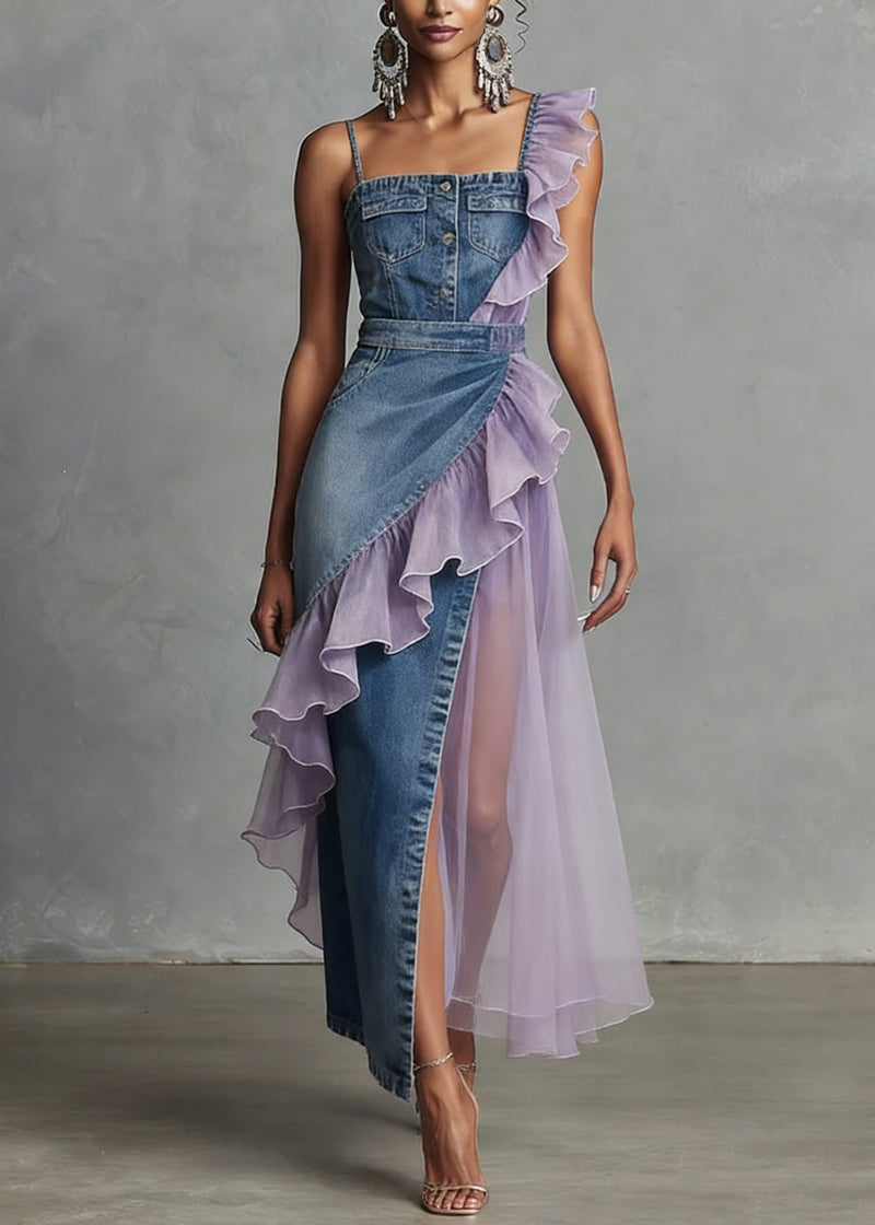 Blue Ruffled Patchwork Denim Spaghetti Strap Dress Summer