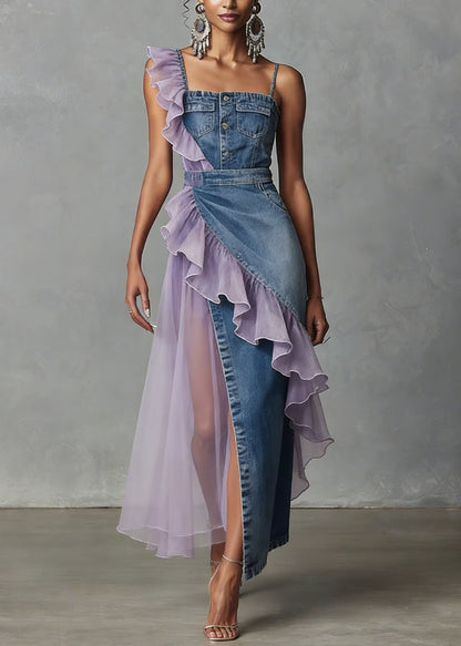 Blue Ruffled Patchwork Denim Spaghetti Strap Dress Summer