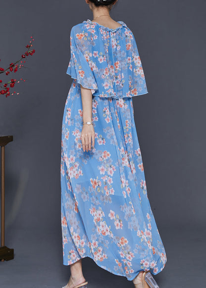 Blue Ruffled Print Chiffon Dresses Cloak Sleeves