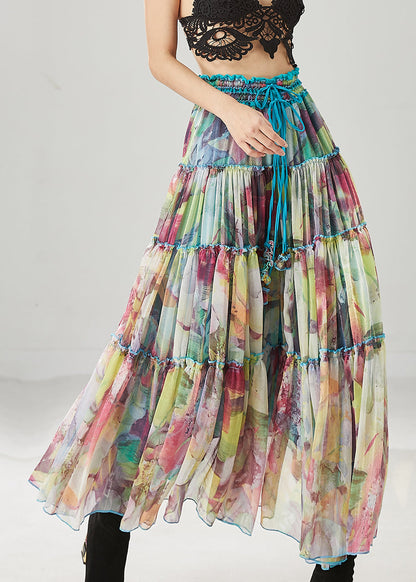 Blue Ruffled Print Chiffon Holiday Skirt Spring