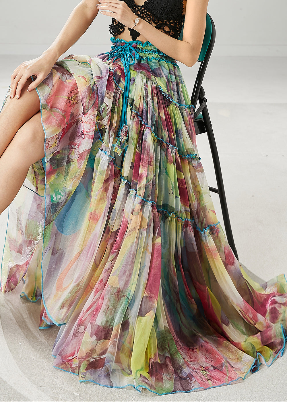 Blue Ruffled Print Chiffon Holiday Skirt Spring