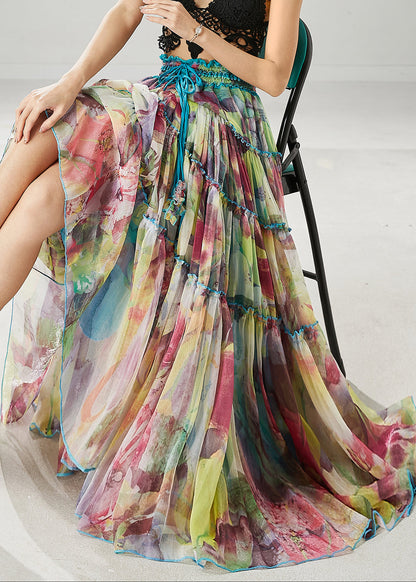 Blue Ruffled Print Chiffon Holiday Skirt Spring