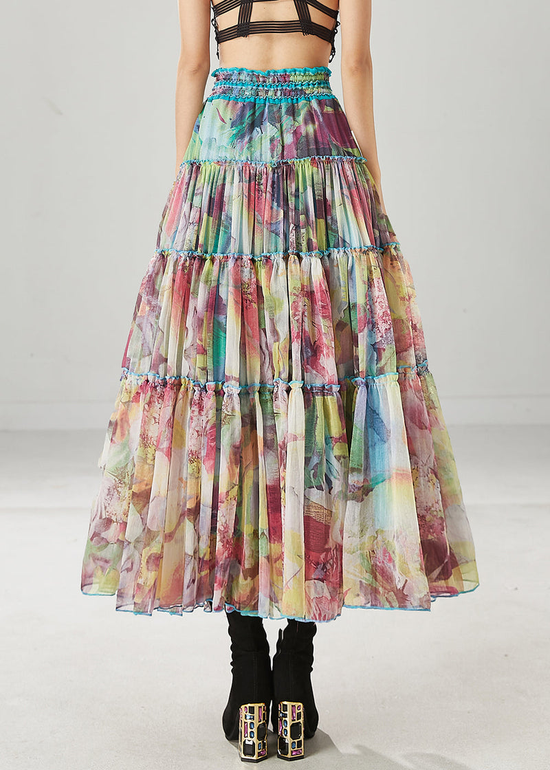 Blue Ruffled Print Chiffon Holiday Skirt Spring