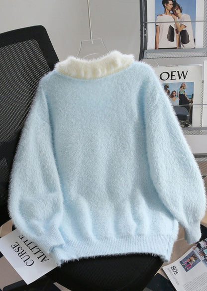 Blue Snowman Fuzzy Ball Decorated Knit Sweater Winter