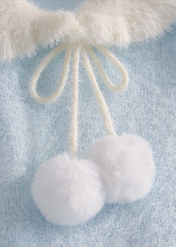 Blue Snowman Fuzzy Ball Decorated Knit Sweater Winter