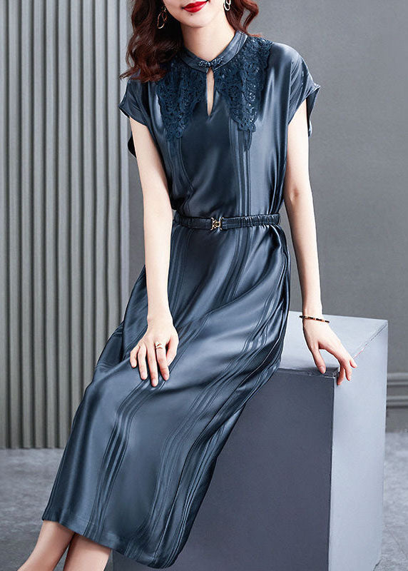 Blue Stand Collar Cinched Silk Long Dresses Summer