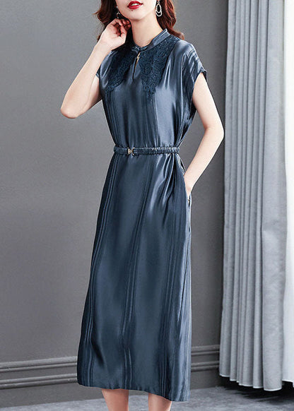 Blue Stand Collar Cinched Silk Long Dresses Summer
