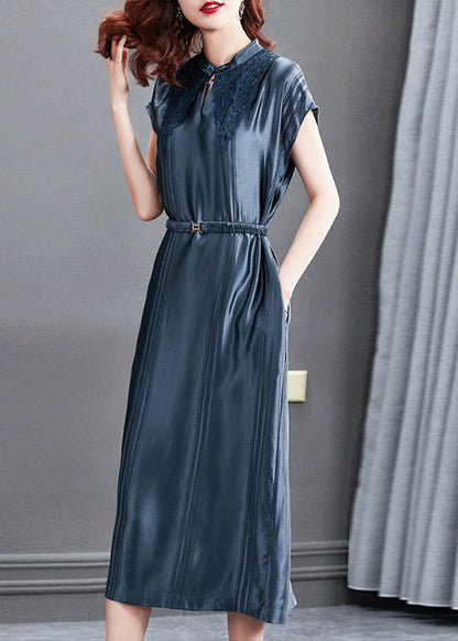 Blue Stand Collar Cinched Silk Long Dresses Summer