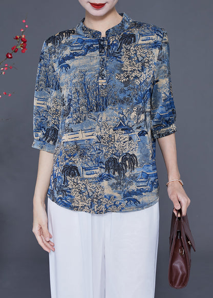 Blue Stand Collar Print Silk Shirt Tops Half Sleeve