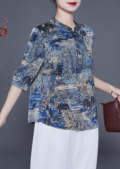 Blue Stand Collar Print Silk Shirt Tops Half Sleeve