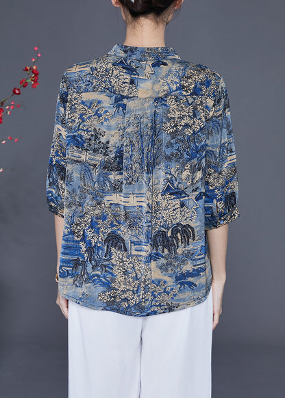 Blue Stand Collar Print Silk Shirt Tops Half Sleeve