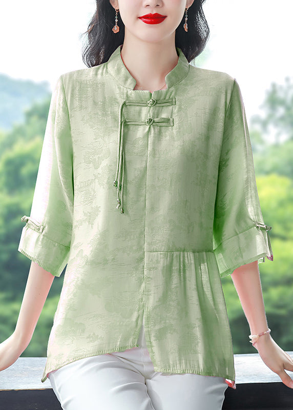 Blue Stand Collar Tasseled Patchwork Linen Shirt Summer