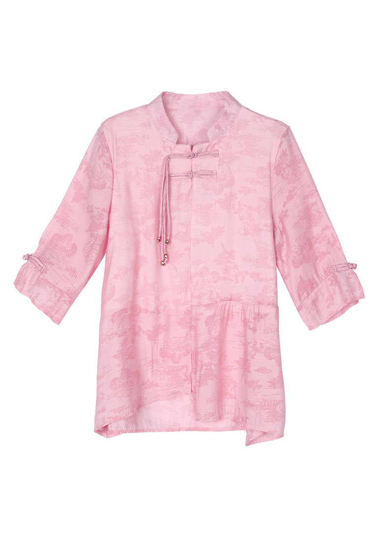 Blue Stand Collar Tasseled Patchwork Linen Shirt Summer