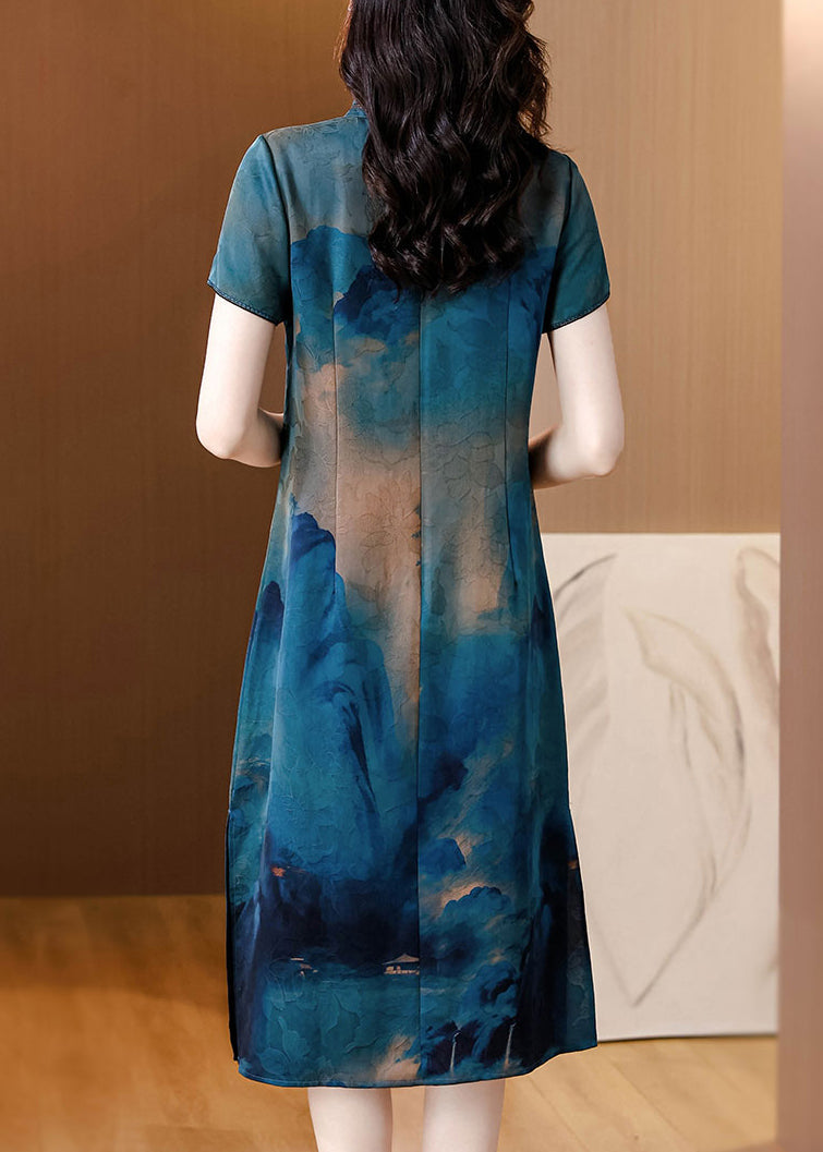 Blue Stand Collar Tasseled Print Silk Dress Summer