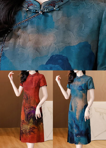 Blue Stand Collar Tasseled Print Silk Dress Summer