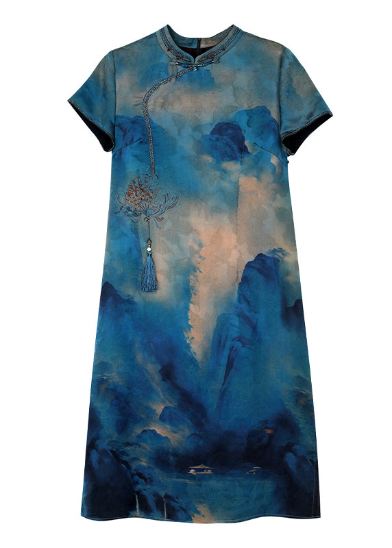 Blue Stand Collar Tasseled Print Silk Dress Summer