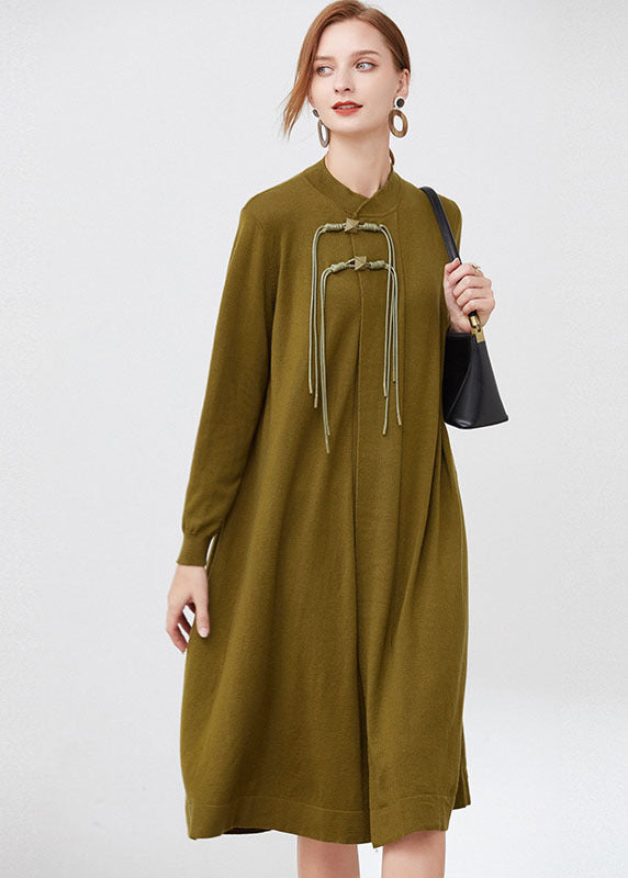 Blue Stand Collar Wool Knit Long Dresses Long Sleeve