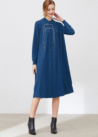 Blue Stand Collar Wool Knit Long Dresses Long Sleeve