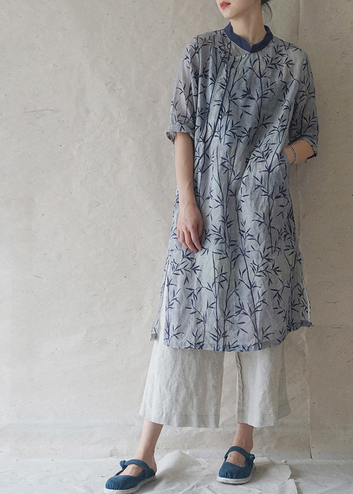 Blue Stand Collar Side Open Print Patchwork Linen Dresses Three Quarter Sleeve