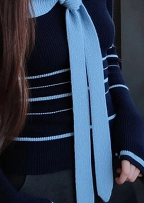 Blue Striped Bow Patchwork Knit Sweater Spring