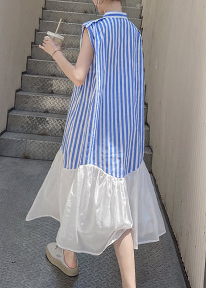 Blue Striped Patchwork Button Chiffon Long Dress Summer