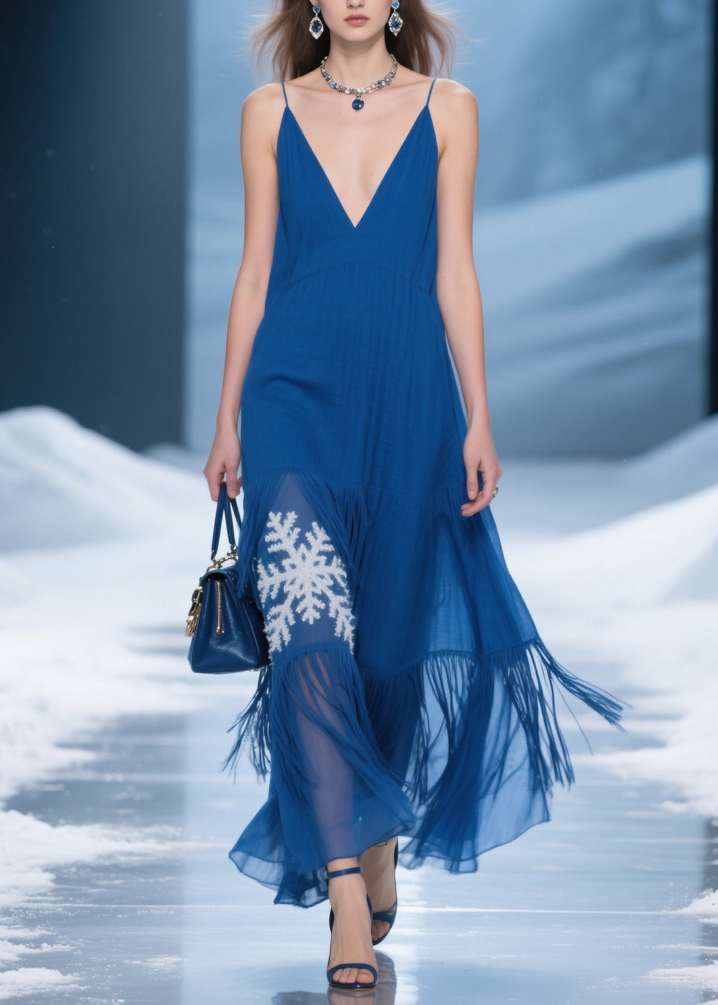 Blue Tassel Patchwork Spaghetti Strap Dress Summer