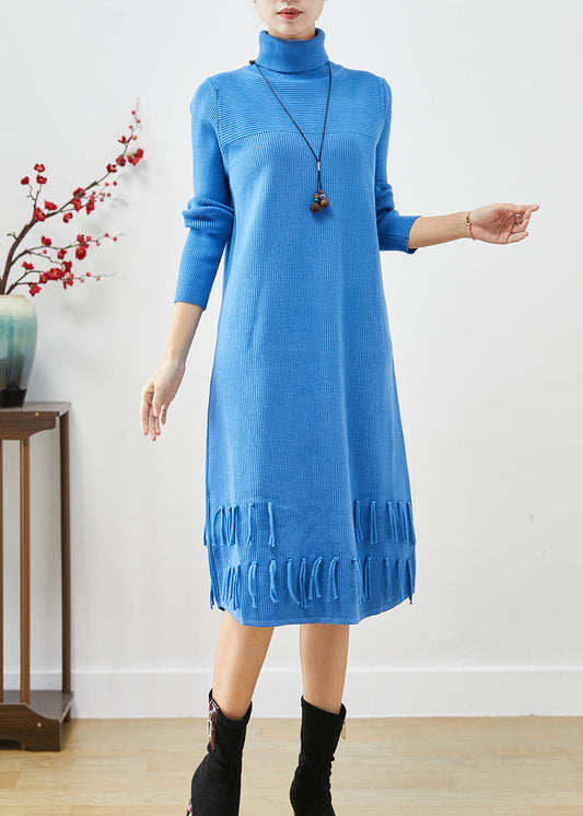 Blue Tasseled Patchwork Knit Long Dress Fall
