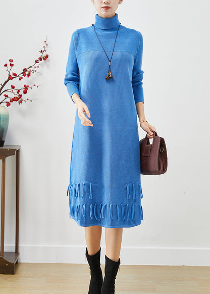 Blue Tasseled Patchwork Knit Long Dress Fall
