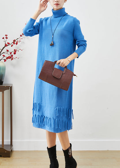 Blue Tasseled Patchwork Knit Long Dress Fall
