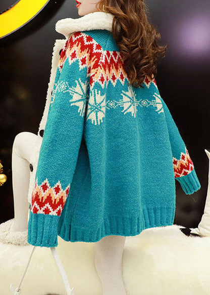 Blue Thick Cozy Button Patchwork Fall Knit Coat