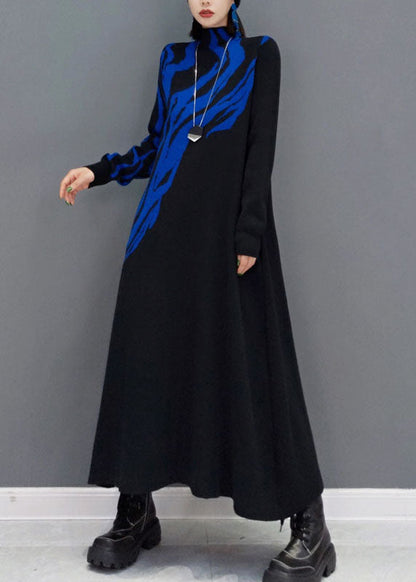 Blue Turtle Neck Knit Long Dress Spring