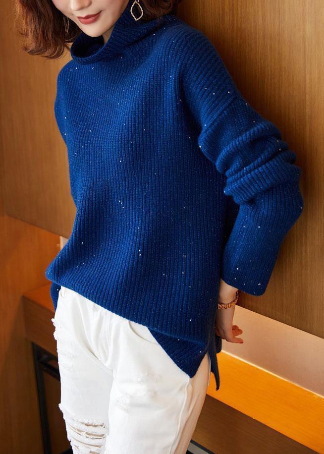 Blue Turtleneck Side Open Cotton Knit Sweaters Long Sleeve