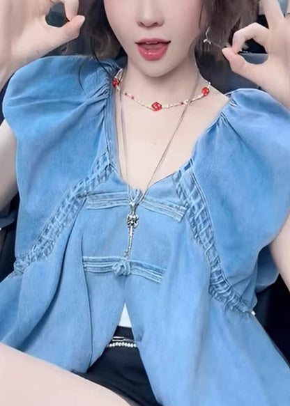 Blue V Neck Button Denim Tops Sleeveless