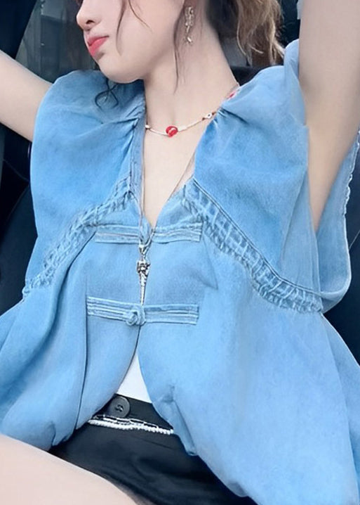 Blue V Neck Button Denim Tops Sleeveless