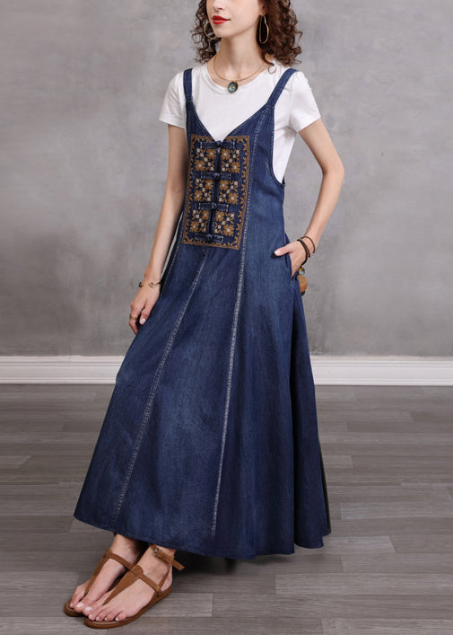 Blue V Neck Embroideried Spaghetti Strap Cotton Long Dress Sleeveless