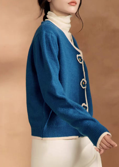 Blue V Neck Knit Short Sweater Winter