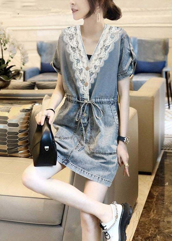 Blue V Neck Lace Patchwork Tie Waist Holiday Mid Dress Short Sleeve